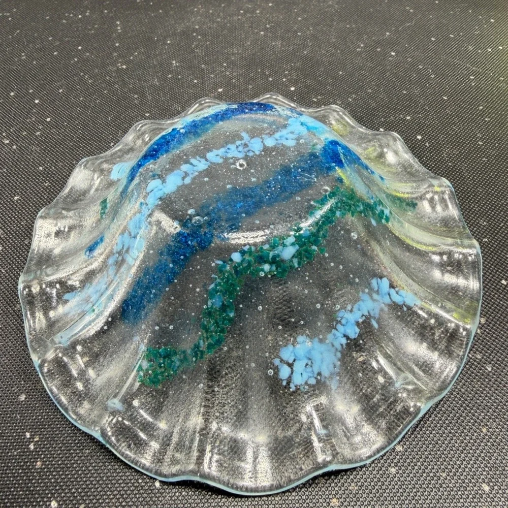 Artisan Fused Glass Scalloped Bowl Blue Teal Striped Coastal Decor Hand Made 5in